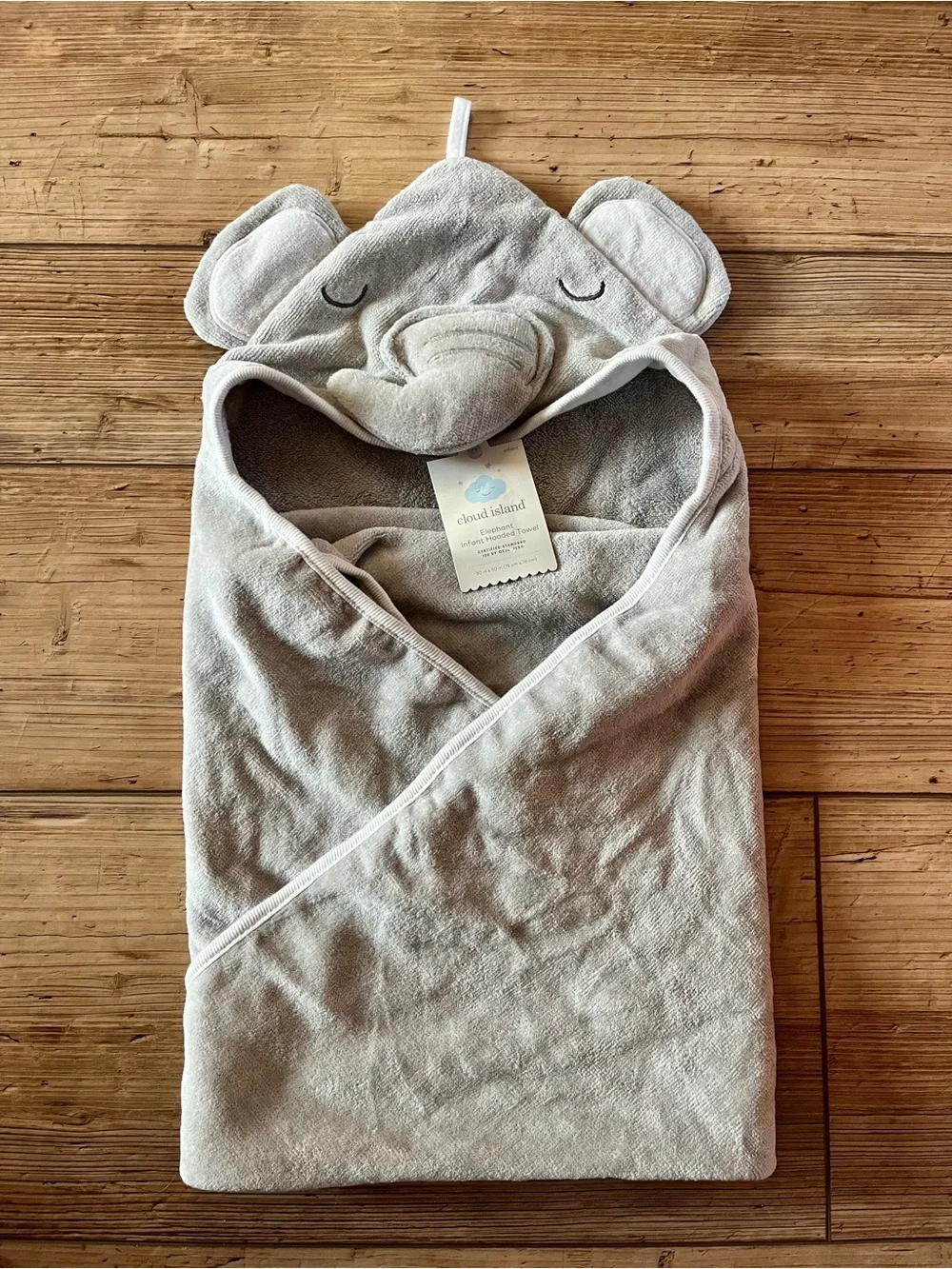 Cloud Island Elephant Hooded Baby Towel in Light Gray